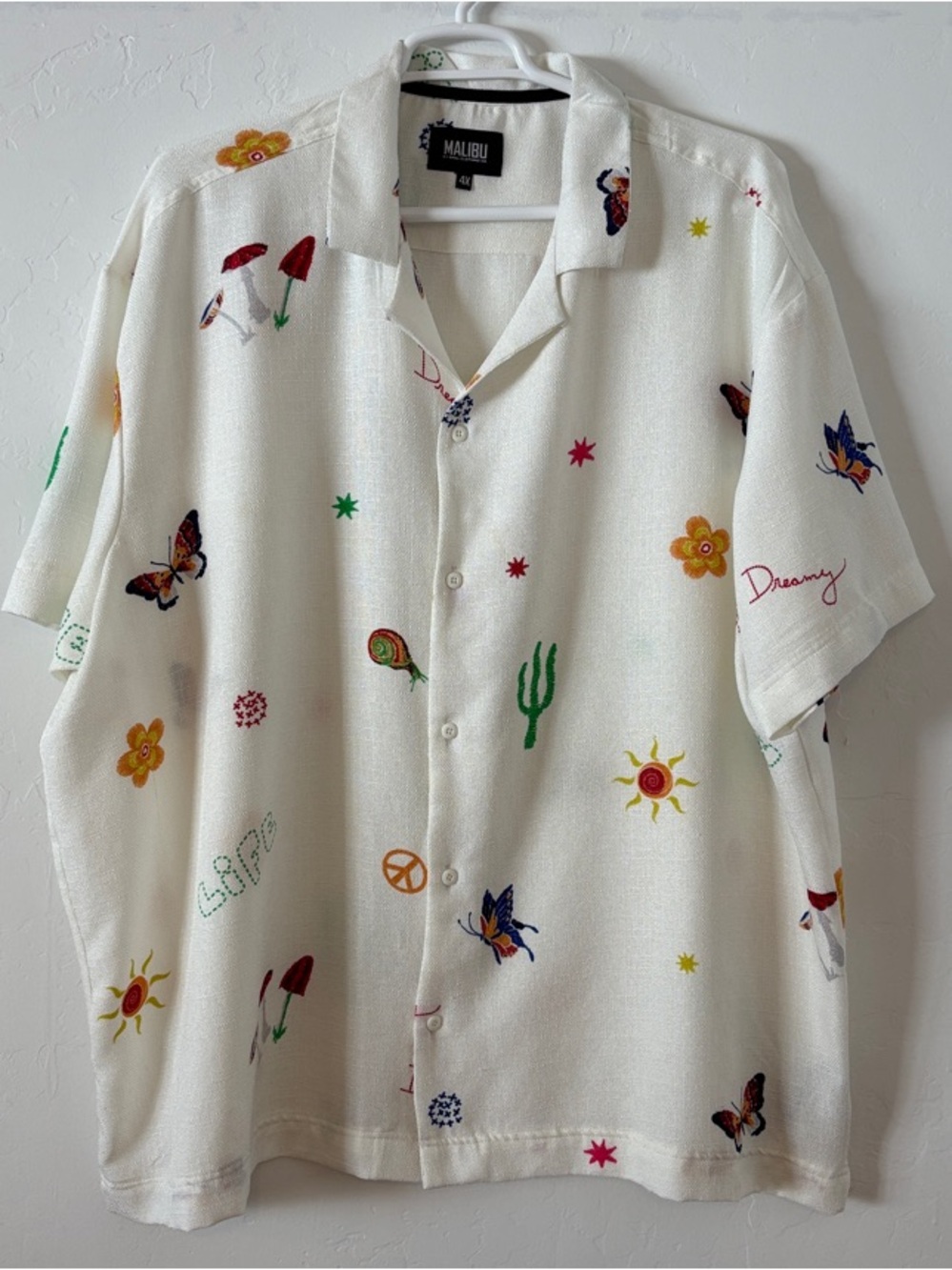 FINAL! Malibu by Drill Cream Button-Up Shirt with Multicolor Embroidered Motifs